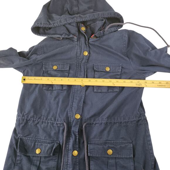 Navy Blue Cargo Jacket Womens Medium Gold Red Hooded Full Zip Utility Chore - Picture 12 of 16